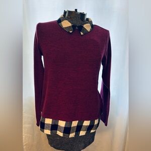 Penmans made in Canada fuschia Sweater with Plaid Collar and apron.